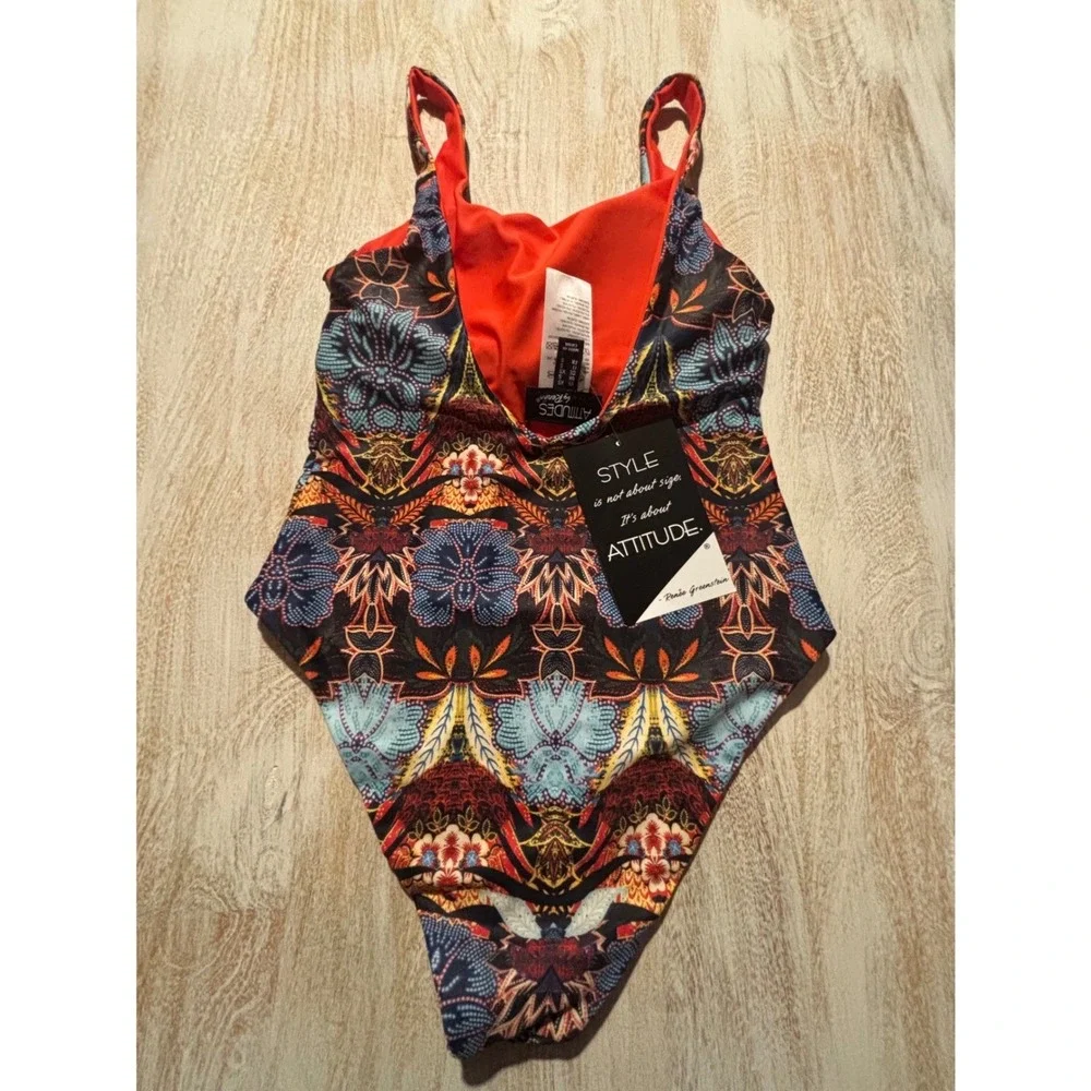 NWT Attitudes by Renee‎ One Piece Swimsuit Womens XS Orange Reversible Floral